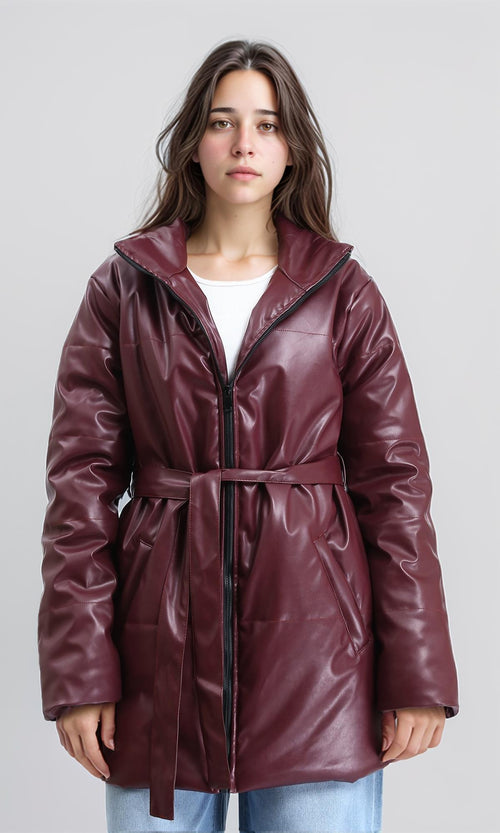 R211599 - Zipped Glossy Puffer Coat with Belt - Burgundy
