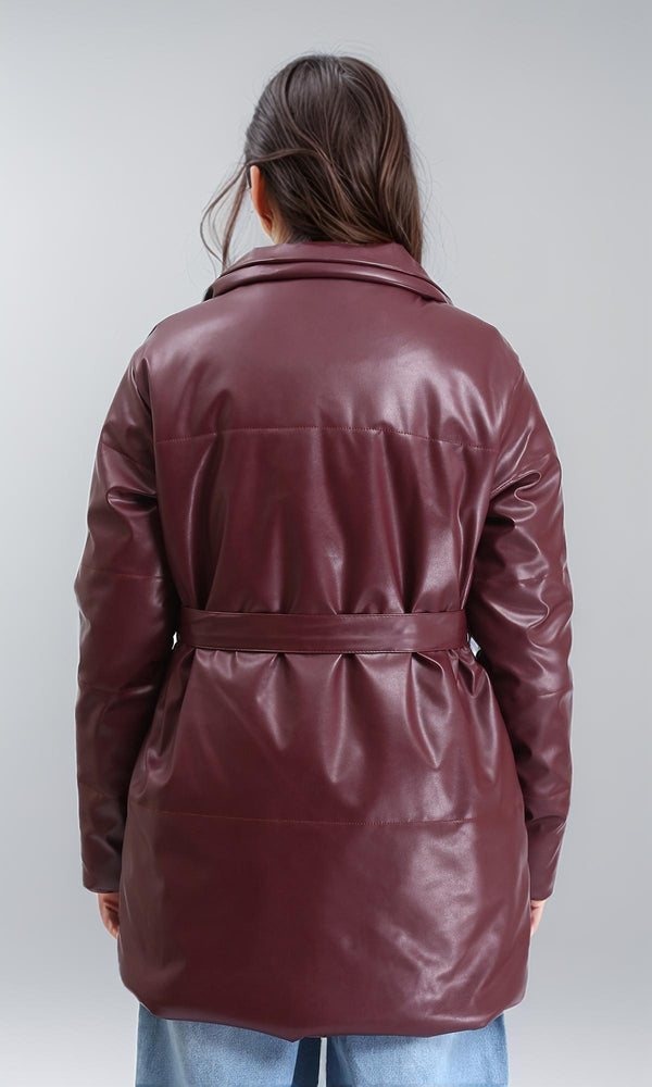 R211599 - Zipped Glossy Puffer Coat with Belt - Burgundy