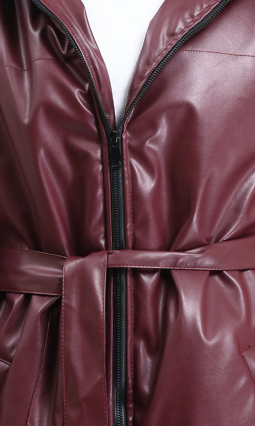 R211599 - Zipped Glossy Puffer Coat with Belt - Burgundy