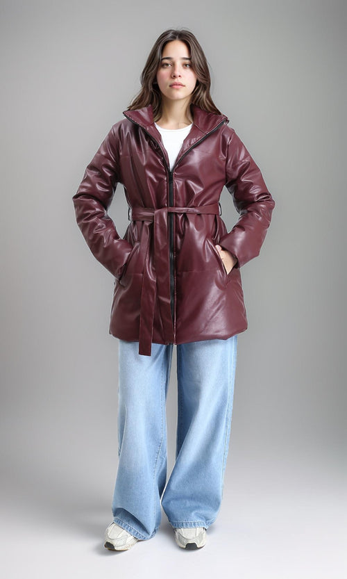 R211599 - Zipped Glossy Puffer Coat with Belt - Burgundy