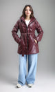 R211599 - Zipped Glossy Puffer Coat with Belt - Burgundy
