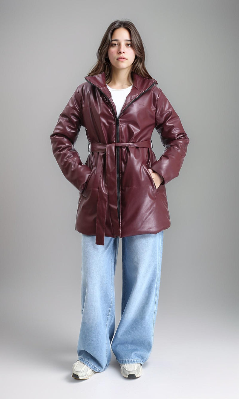 R211599 - Zipped Glossy Puffer Coat with Belt - Burgundy