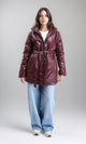R211599 - Zipped Glossy Puffer Coat with Belt - Burgundy