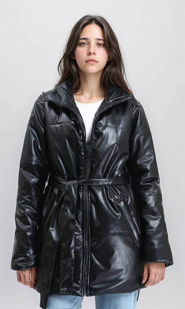 R211600 - Zipped Glossy Puffer Coat with Belt - Black