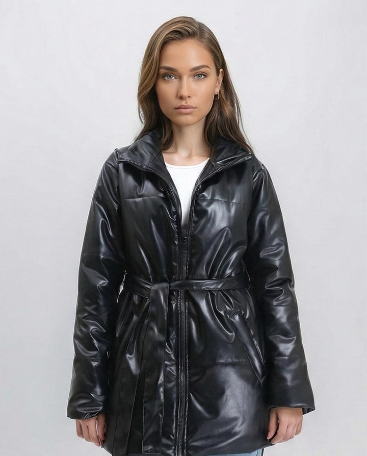 Faux-Leather Belted Puffer Coat In Black