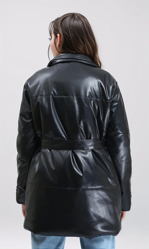 R211600 - Zipped Glossy Puffer Coat with Belt - Black