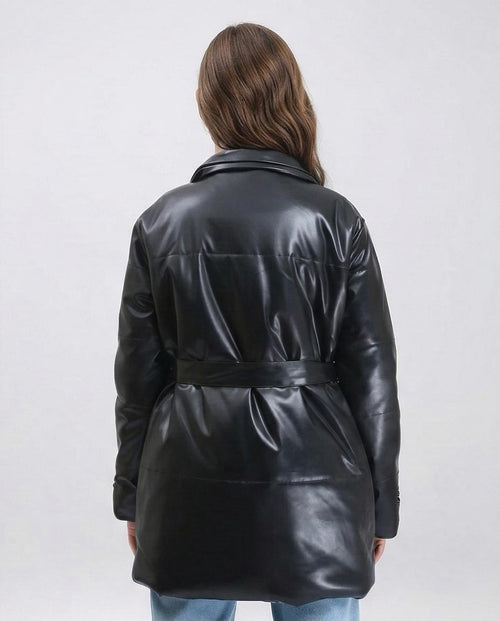Ravin Faux-Leather Belted Puffer Coat in Black - R211600