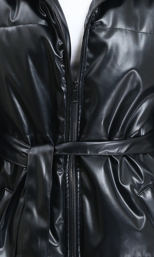 R211600 - Zipped Glossy Puffer Coat with Belt - Black