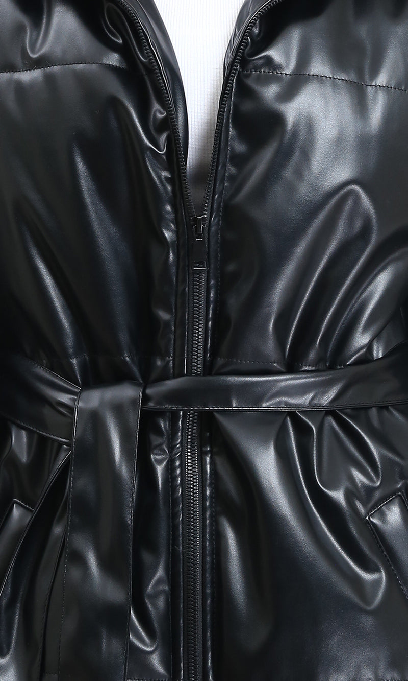 R211600 - Zipped Glossy Puffer Coat with Belt - Black