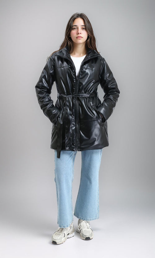 R211600 - Zipped Glossy Puffer Coat with Belt - Black