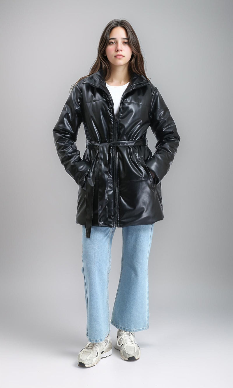 R211600 - Zipped Glossy Puffer Coat with Belt - Black