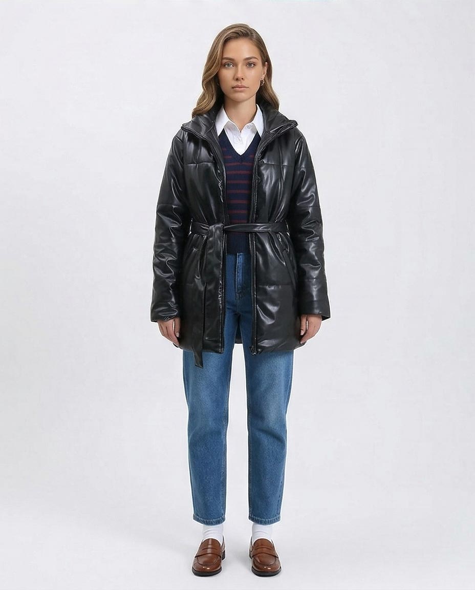Ravin Faux-Leather Belted Puffer Coat in Black - R211600