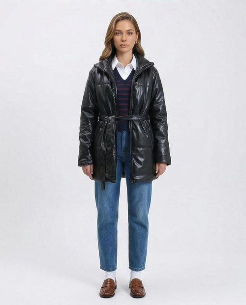 Ravin Faux-Leather Belted Puffer Coat in Black - R211600