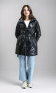 R211600 - Zipped Glossy Puffer Coat with Belt - Black