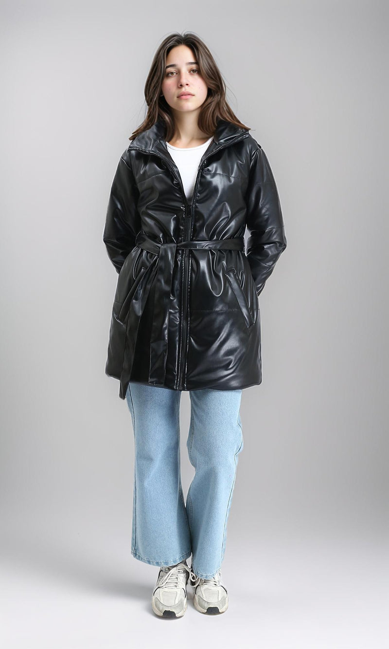 R211600 - Zipped Glossy Puffer Coat with Belt - Black