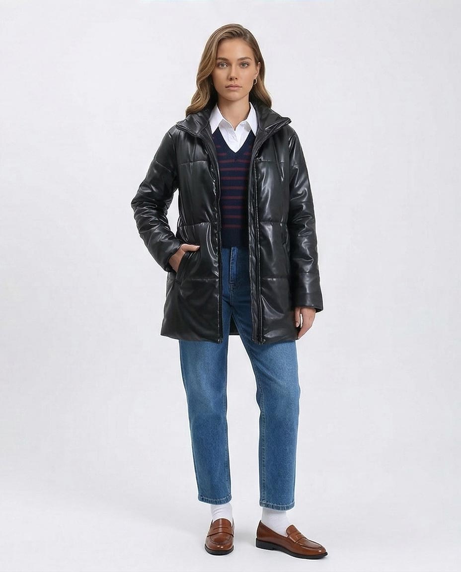 Ravin Faux-Leather Belted Puffer Coat in Black - R211600