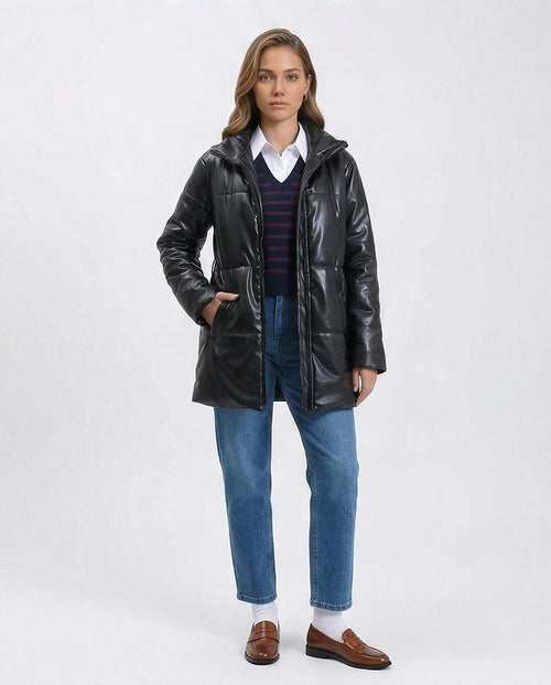 Ravin Faux-Leather Belted Puffer Coat in Black - R211600