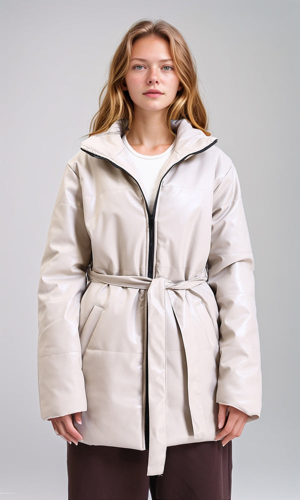 R211601 - Shiny Long Jacket with Stand Collar - Pastel Beige