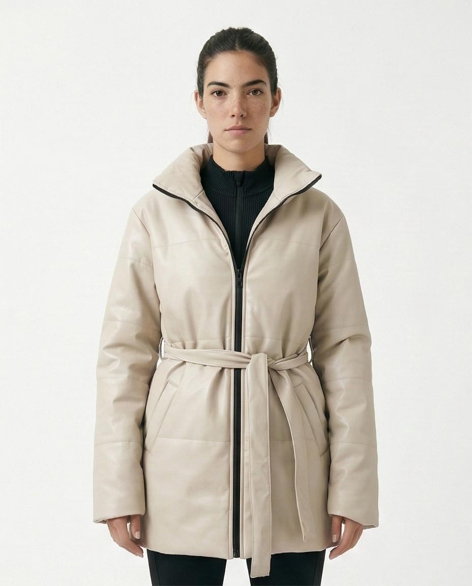 Women's Faux-Leather Belted Puffer Jacket - Oatmeal