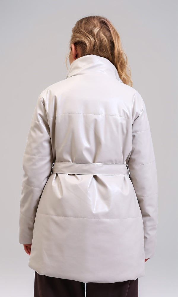 R211601 - Shiny Long Jacket with Stand Collar - Pastel Beige