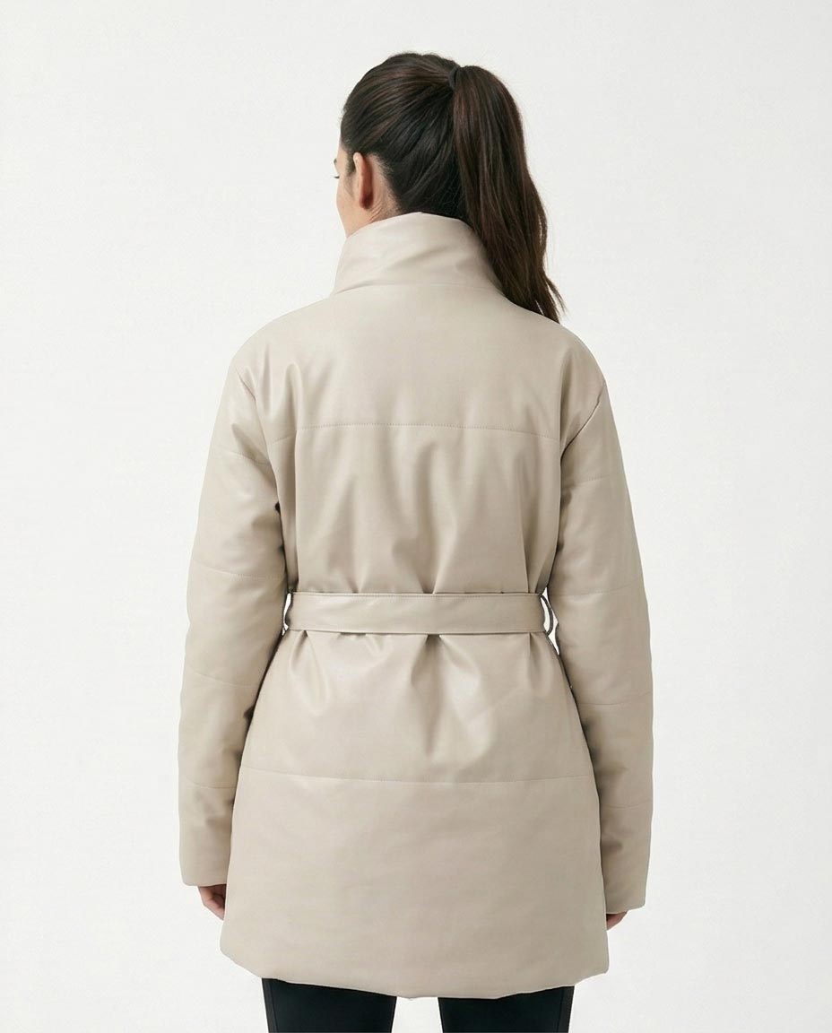RAVIN Women’s Faux-Leather Belted Puffer Jacket – Oatmeal - R211601