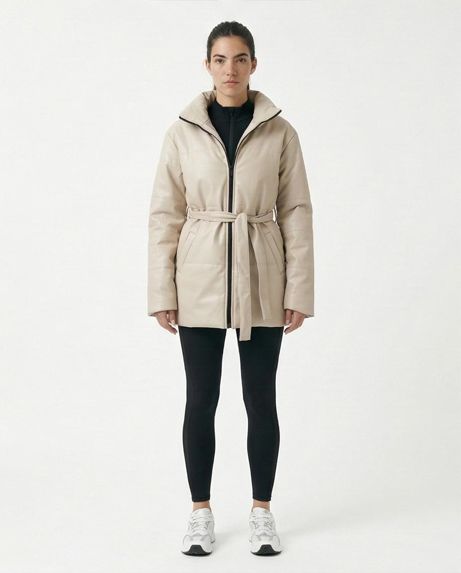 RAVIN Women’s Faux-Leather Belted Puffer Jacket – Oatmeal - R211601