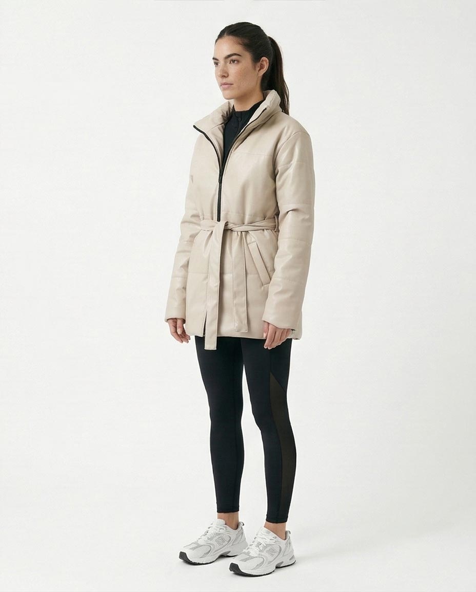 RAVIN Women’s Faux-Leather Belted Puffer Jacket – Oatmeal - R211601