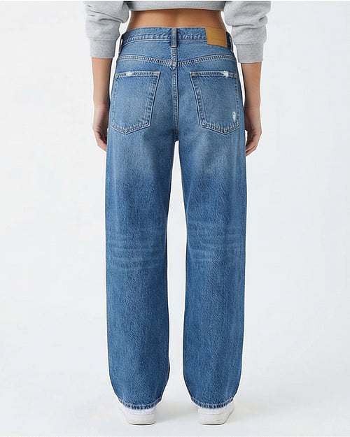 Women's Mid-Blue Relaxed Wide-Leg Distressed Jeans