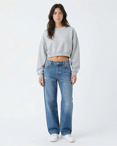 Women's Mid-Blue Relaxed Wide-Leg Distressed Jeans