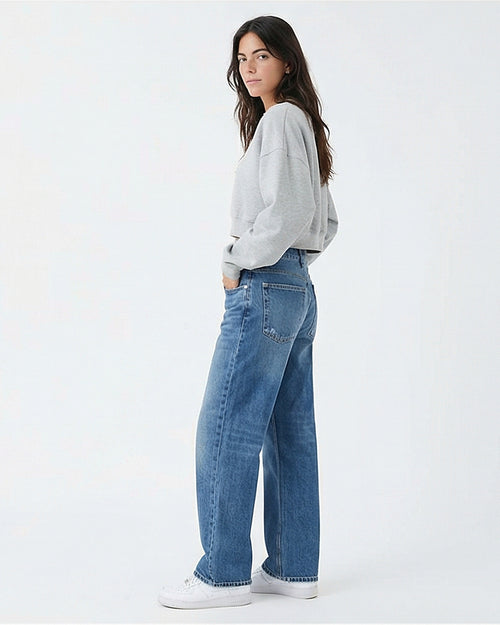 Women's Mid-Blue Relaxed Wide-Leg Distressed Jeans