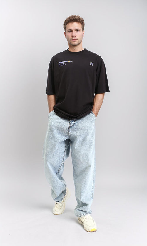 R211618 - Elbow Sleeves Printed Cotton Tee - Black