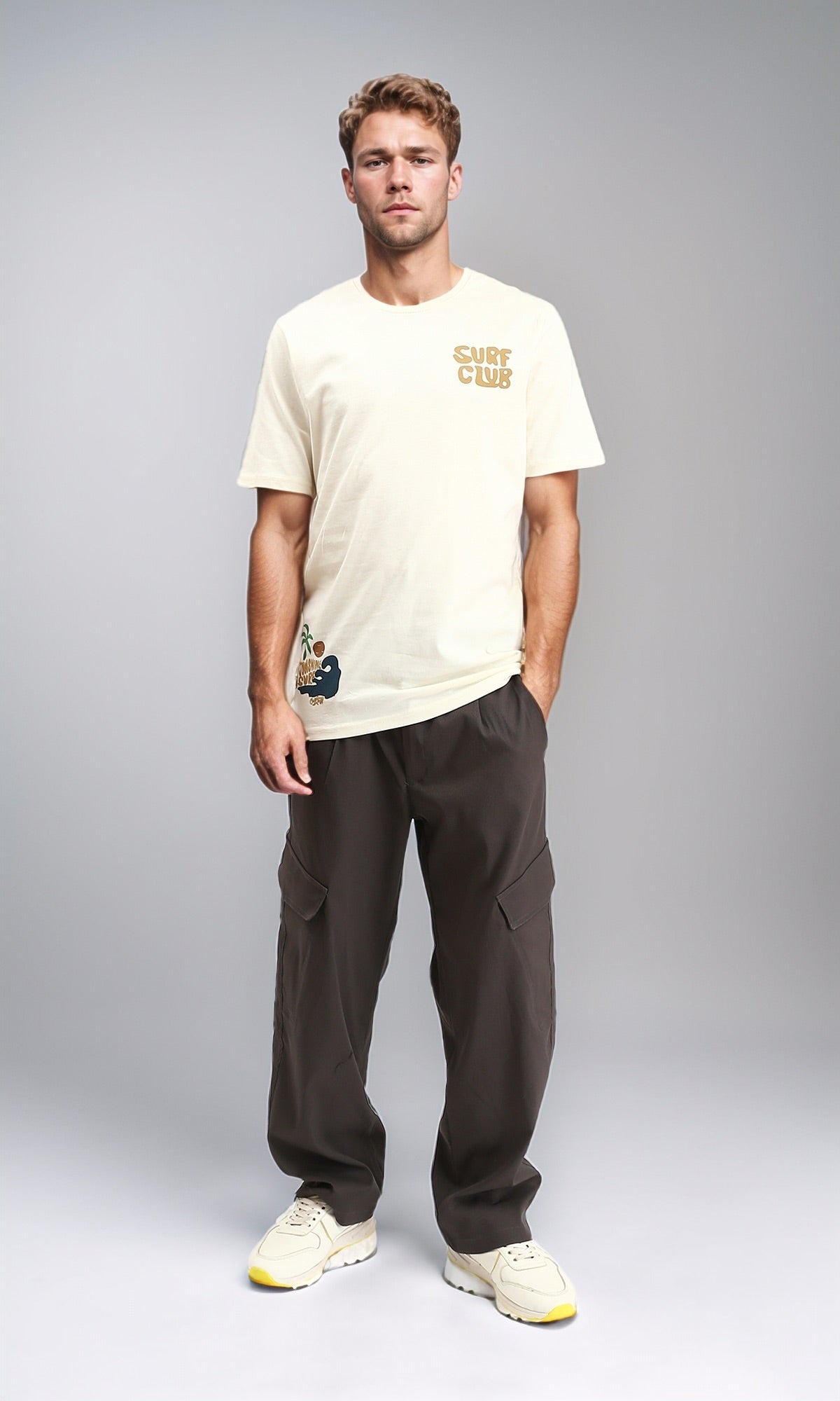 R211621 - Printed "Surf Club" Short Sleeves Tee - Cream