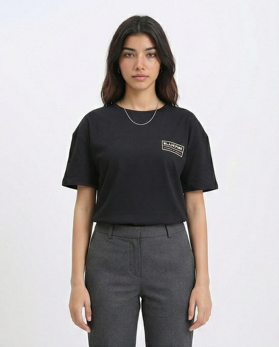 Elbow Sleeves Crew Neck Printed Tee - Black