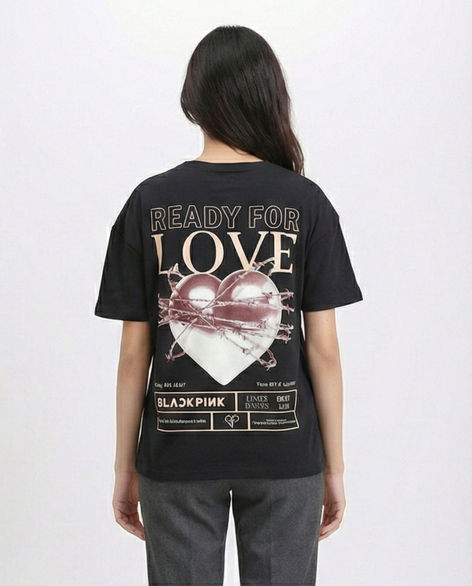 R211624 - Elbow Sleeves Crew Neck Printed Tee - Black