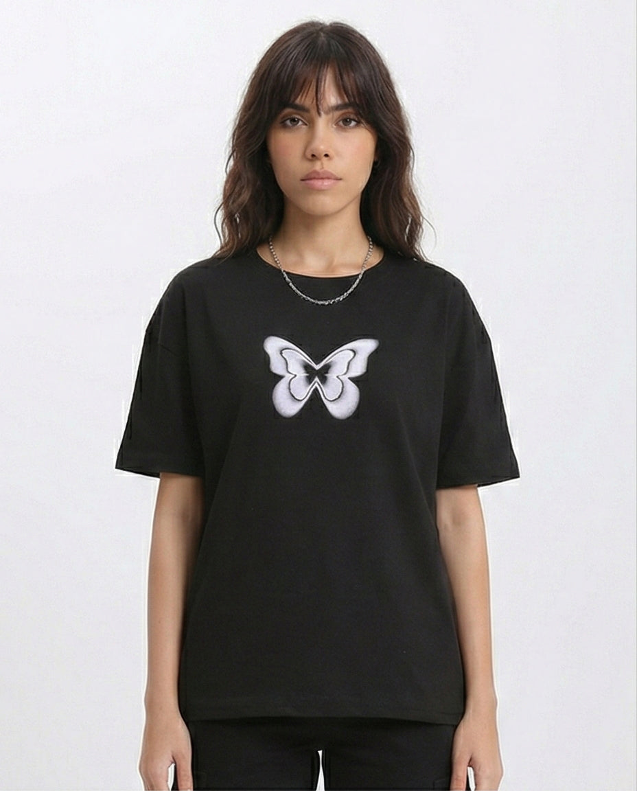 Butterfly Crew Neck Printed Tee - Black