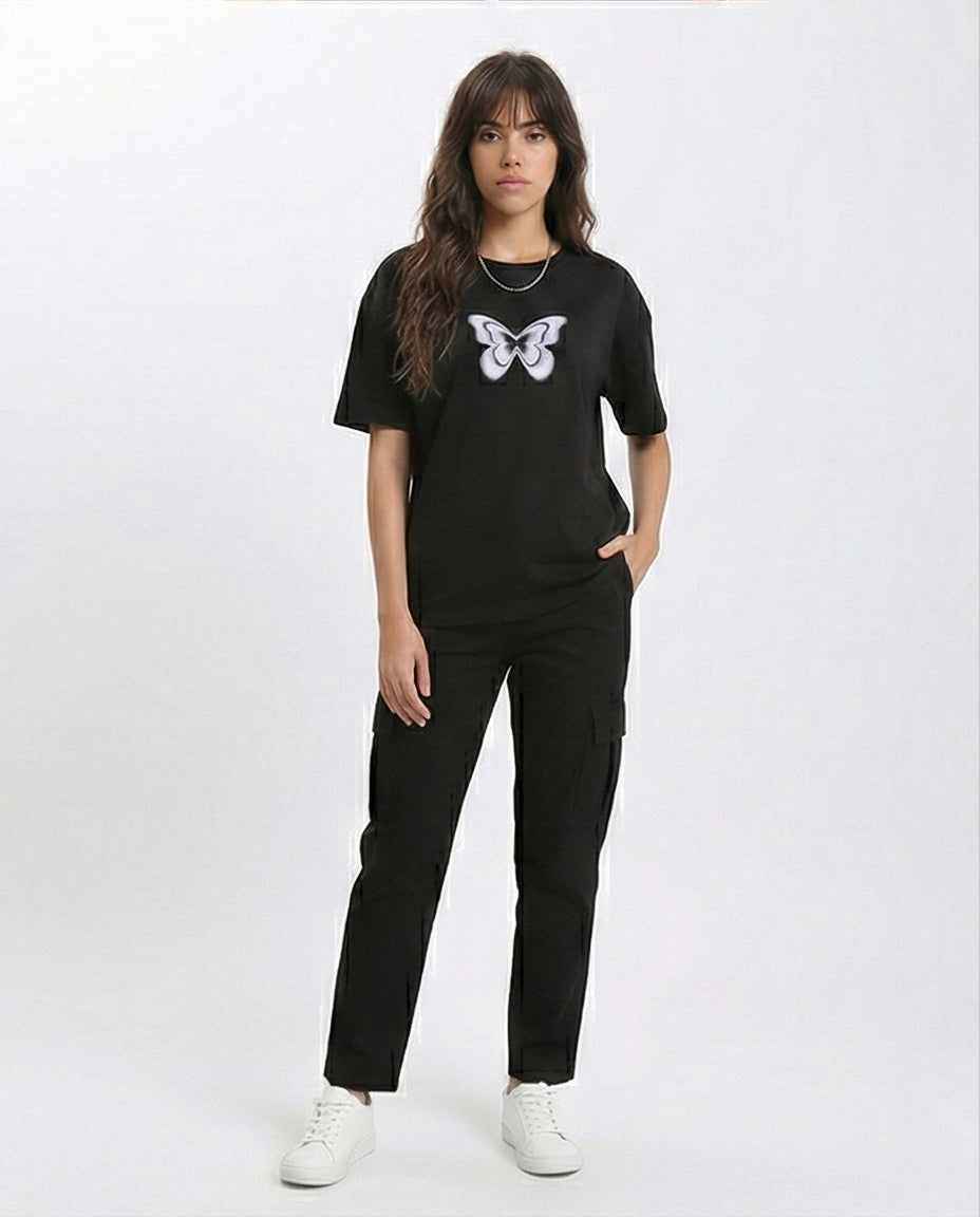 R211625 - Butterfly Crew Neck Printed Tee - Black