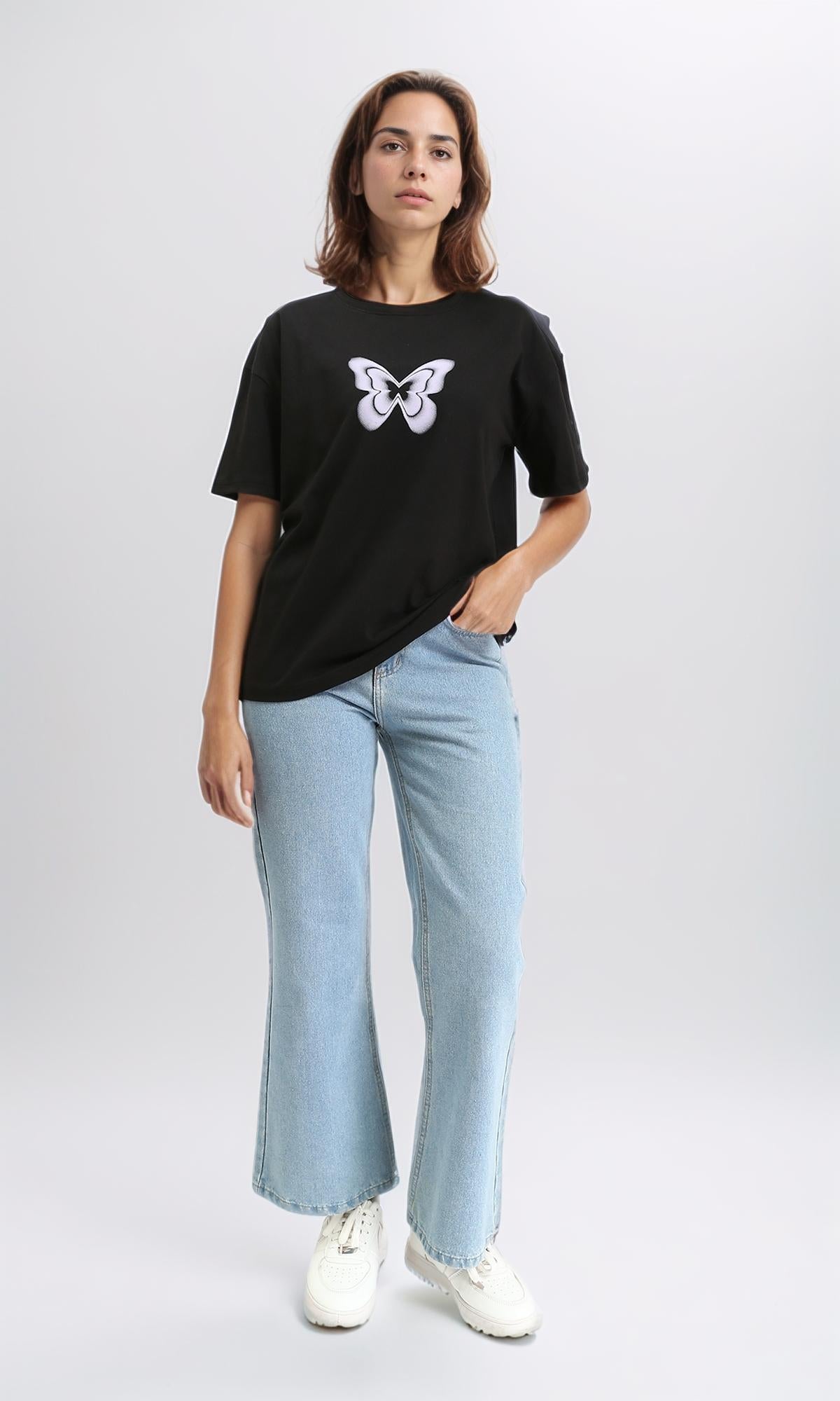 R211625 - Butterfly Crew Neck Printed Tee - Black