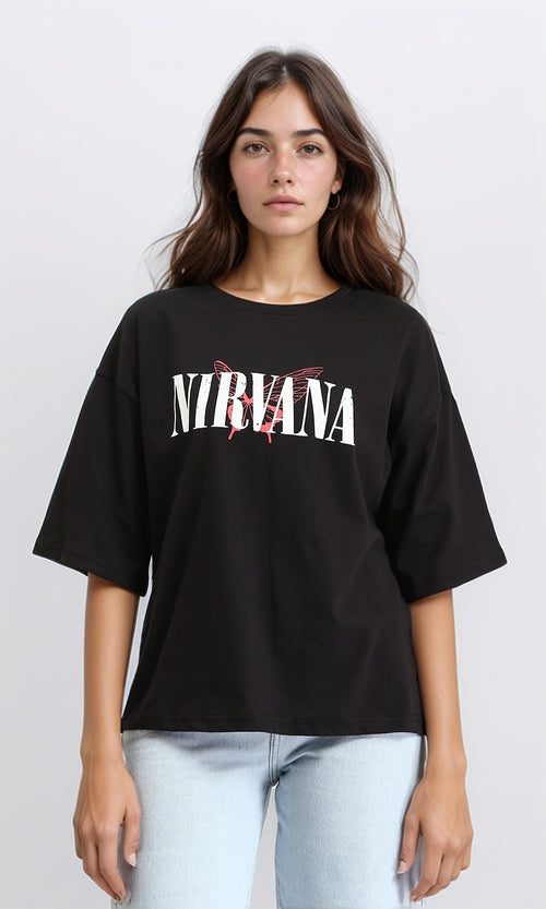 "nirvana" Printed Crew Neck Tee - Black