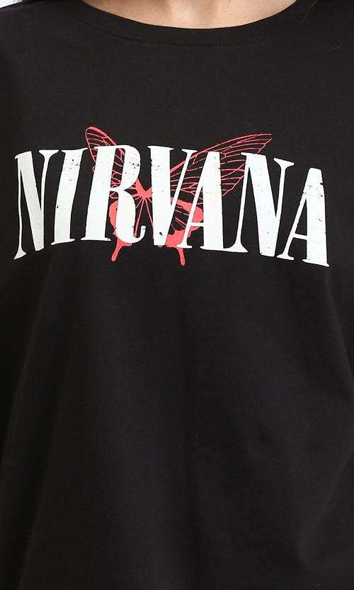 R211626 - "Nirvana" Printed Crew Neck Tee - Black