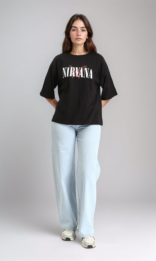 R211626 - "Nirvana" Printed Crew Neck Tee - Black