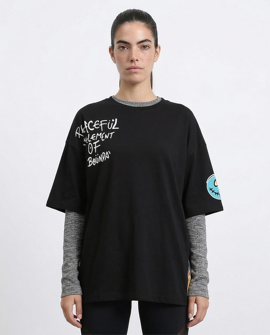 Printed Elbow Sleeves Casual Tee - Black