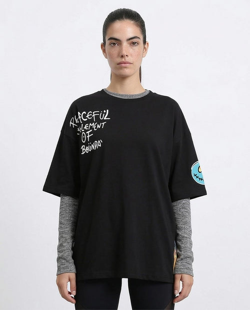 R211627 - Printed Elbow Sleeves Casual Tee - Black