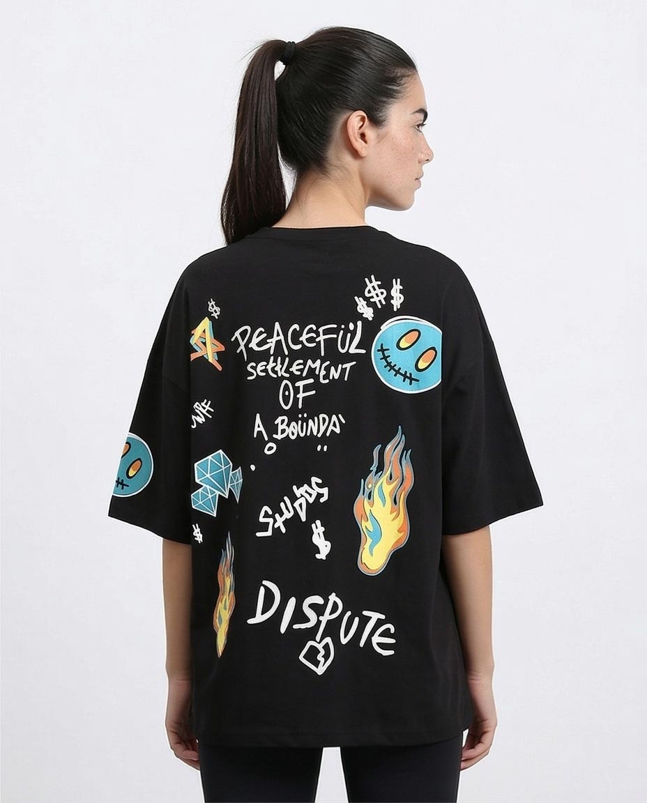R211627 - Printed Elbow Sleeves Casual Tee - Black