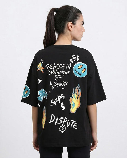 R211627 - Printed Elbow Sleeves Casual Tee - Black
