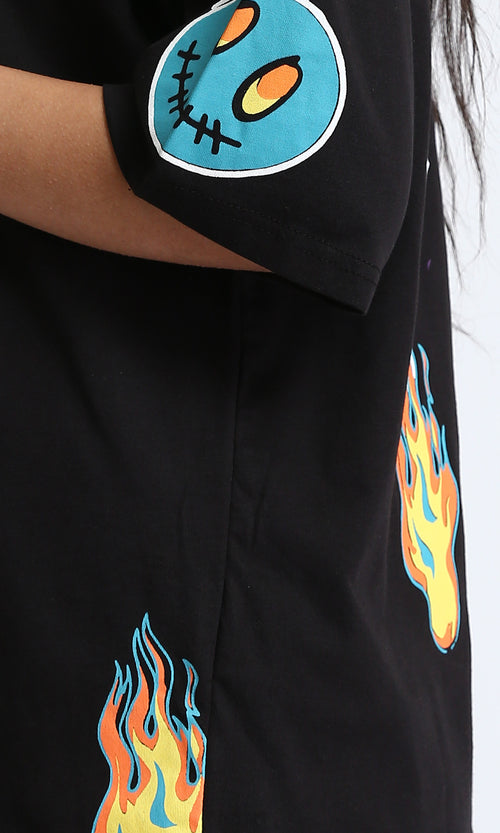 R211627 - Printed Elbow Sleeves Casual Tee - Black