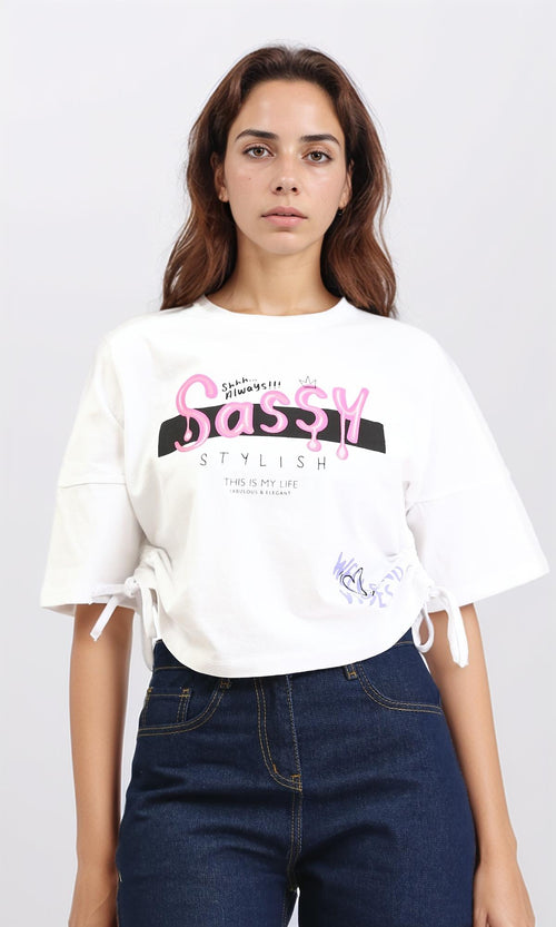 R211628 - Feminine Print Elbow Sleeves Tee - White