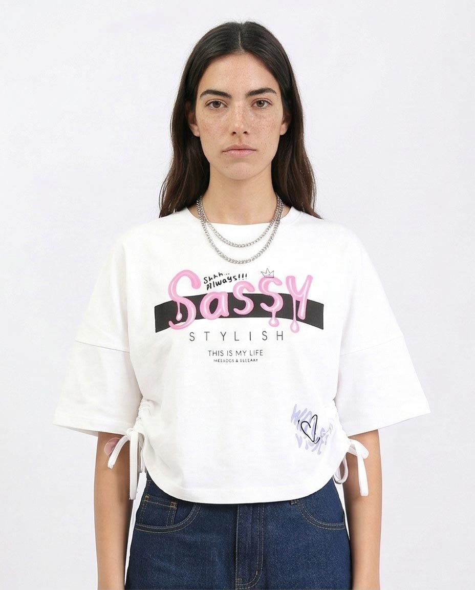 Women's Sassy Graphic Cinch-Side Oversized T-Shirt - White- Feminine Print Elbow Sleeves Tee - White
