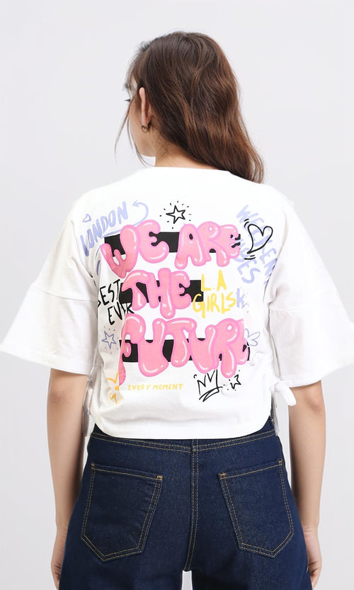 R211628 - Feminine Print Elbow Sleeves Tee - White