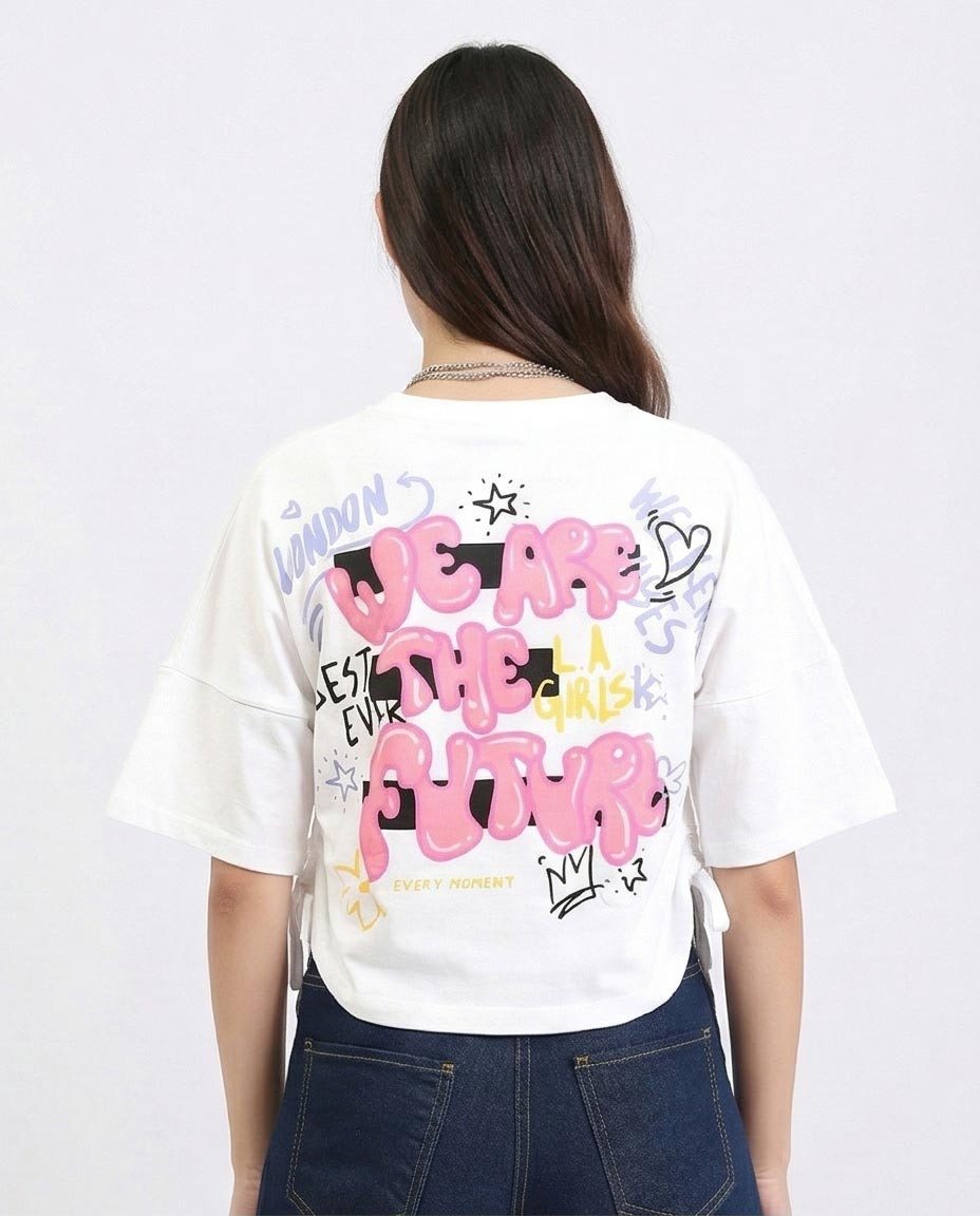 Ravin Women's Sassy Graphic Cinch-Side Oversized T-Shirt - White- Feminine Print Elbow Sleeves Tee - White - R211628