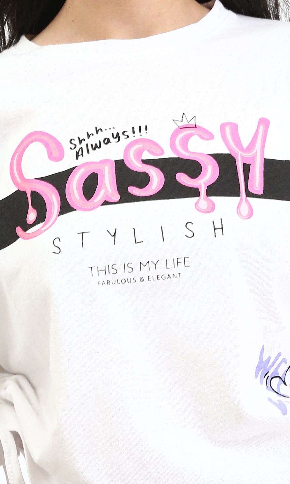 Ravin Women's Sassy Graphic Cinch-Side Oversized T-Shirt - White- Feminine Print Elbow Sleeves Tee - White - R211628
